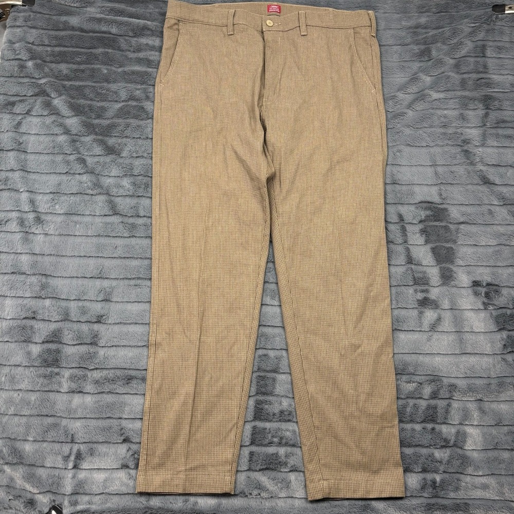 Levis XX Chino Standard Taper Pants Mens 38x32 Tan Brown Houndstooth Plaid 85226